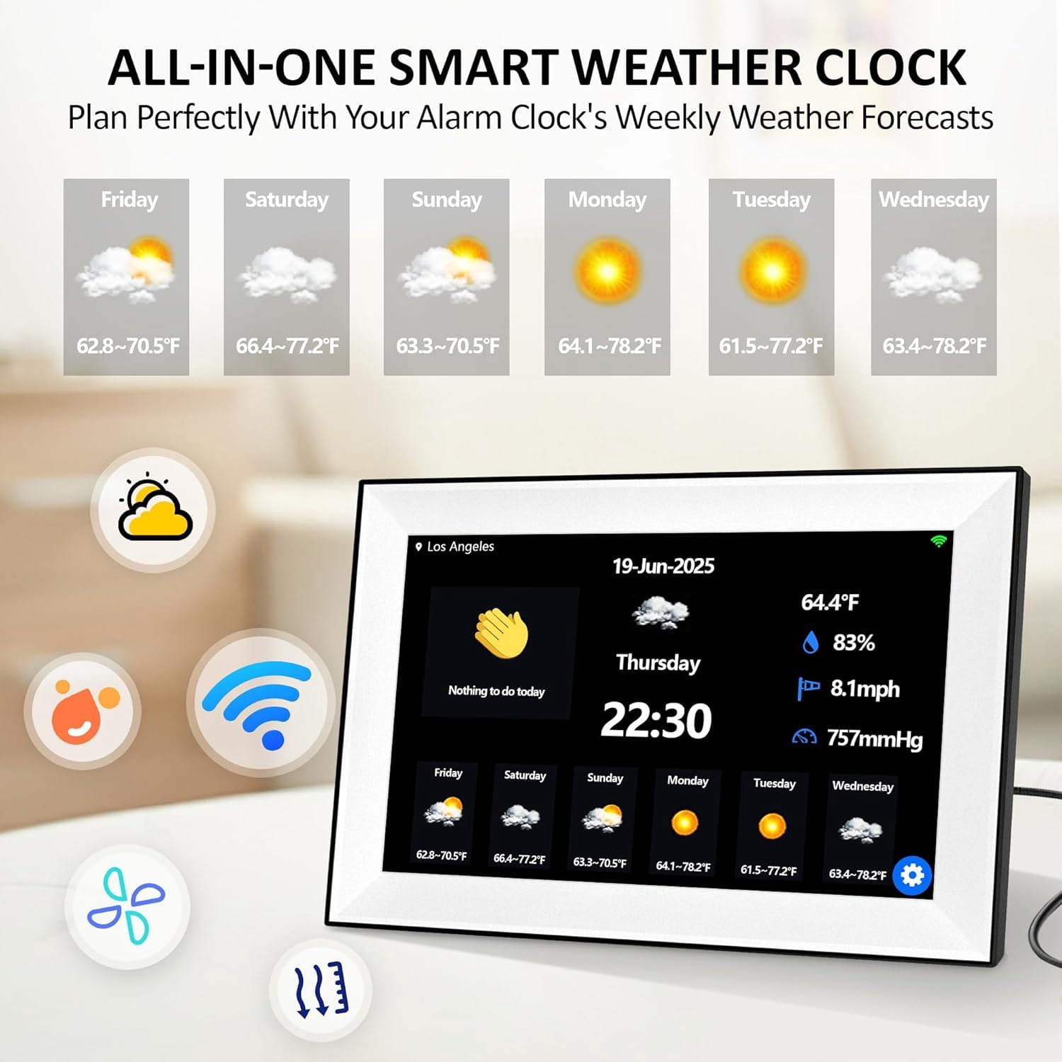 WiFi Touch Screen Digital Calendar Clock 10.1 Inch with 64 Custom Alarms Auto-Sync  Date 7-Day Weather Forecast Weekly Schedules Desk Alarm Clock for Bedroom Kitchen