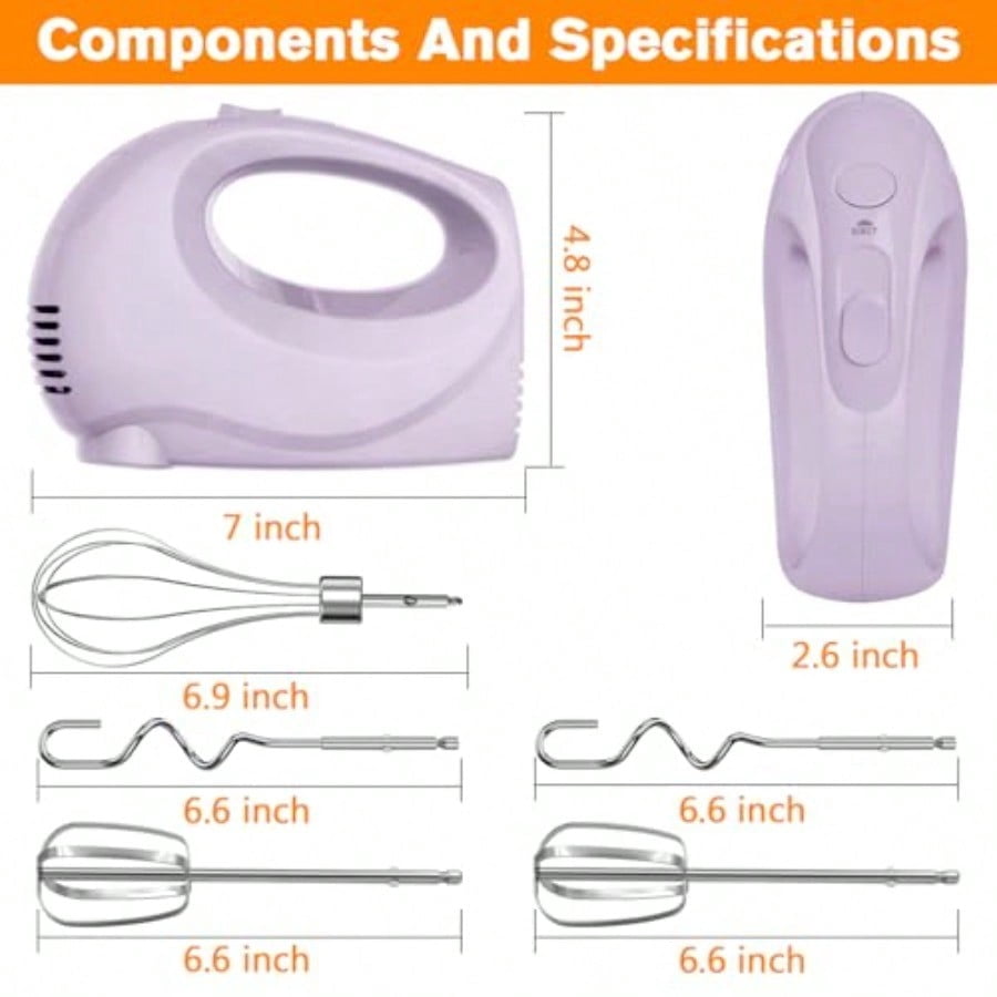 Handmixer Electric Handheld - 5 Speed Portable Kitchen Mixer Electric with 5 Stainless Steel Accessories Whisk Food Beater for Whipping Mixing Cookies Violet