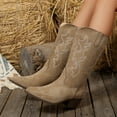 thumbnail image 3 of Retro Wide Calf Cowboy Boots for Women Roman Embroidered Suede Chunky Mid Heel Cowgirl Tall Boots Khaki Size 8.5, 3 of 7