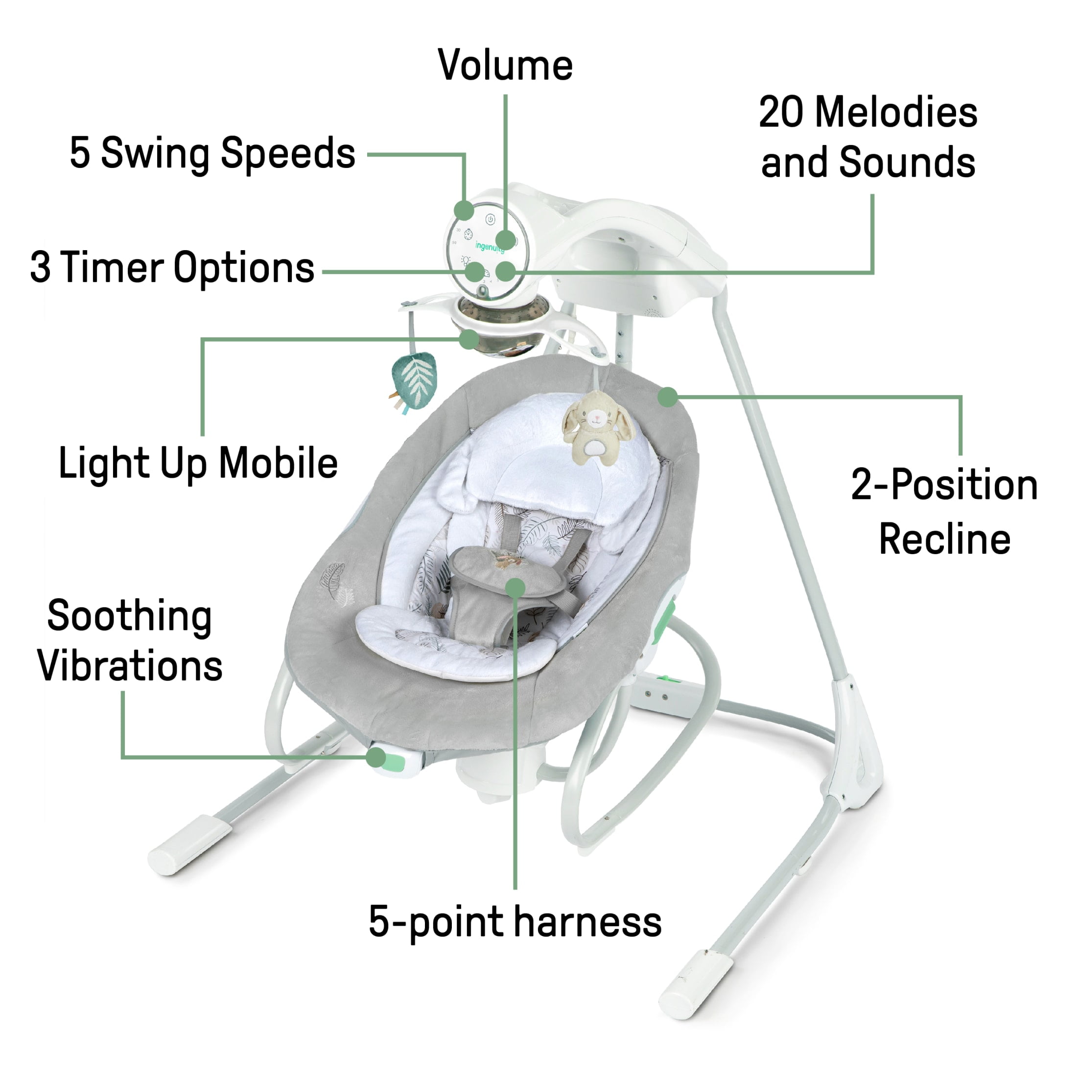 InLighten Soothing Swing & Rocker, Vibrating Swivel Infant Seat, Soothing Sounds, USB-Powered, Gray