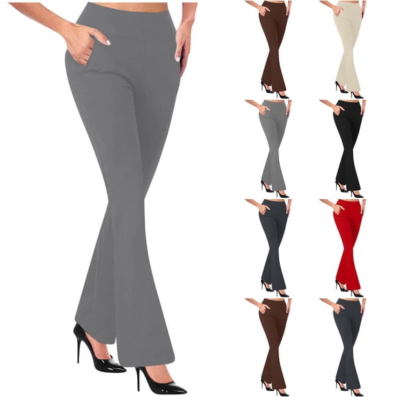 UVEASISHA Flare Pants with Pockets for Women Ribbed Knit High Waisted Bell Bottom Leggings Butt Lifting Silm Fit Bootcut Leggings Trendy Going Out Pants S