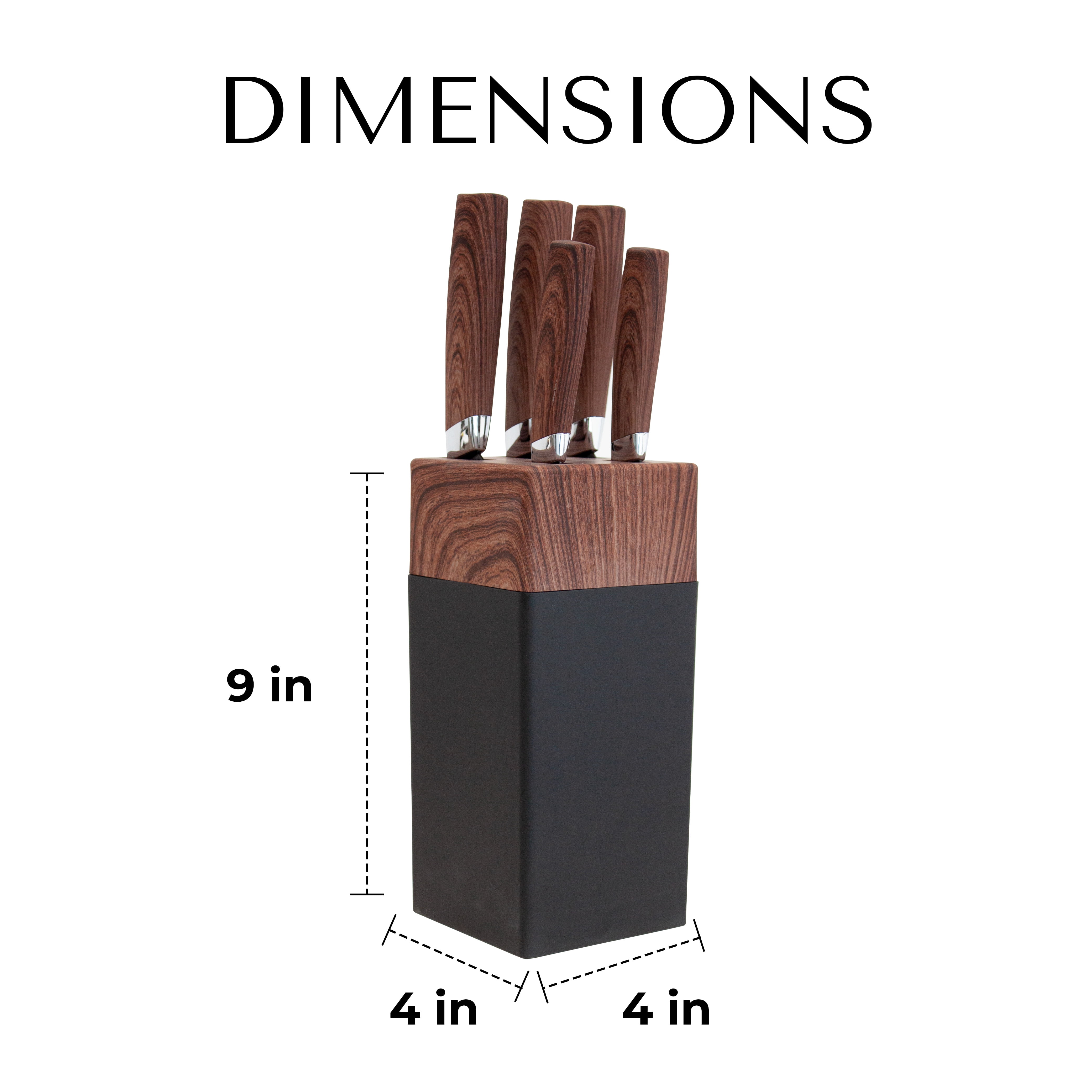 JS Gourmet 5 Piece Stainless Steel Black Knife Set with Storage Block for Kitchen