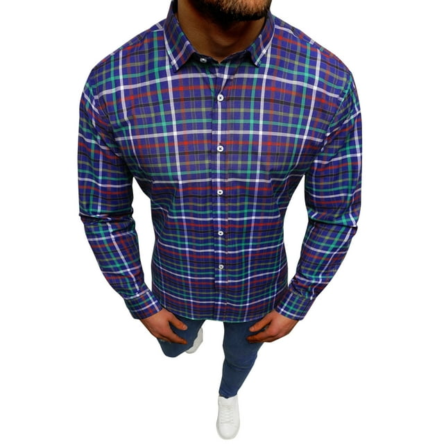 Playeras Y Camisas Para Hombre Hombres manga larga Otoño Invierno Casual Plaid impreso camisas Top blusa camisas (Dark Blue, L)