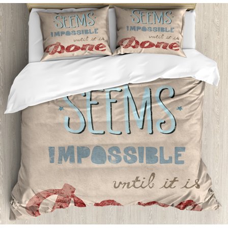 Motivational King Size Duvet Cover Set, Vintage Display with Wise Words About the Importance of Persistence, Decorative 3 Piece Bedding Set with 2 Pillow Shams, Blue Ruby Pale Brown, by Ambesonne