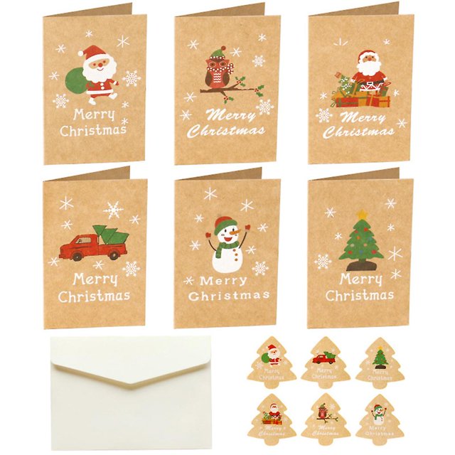 Paquete de 6 tarjetas de felicitación navideñas con sobres y pegatinas, dibujos animados de Papá Noel, búho, camión, muñeco de nieve, tarjetas de mensajes DIY navideñas Kraft