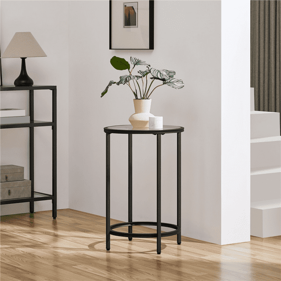 Renwick Round Metal and Glass Top Accent Table, Black