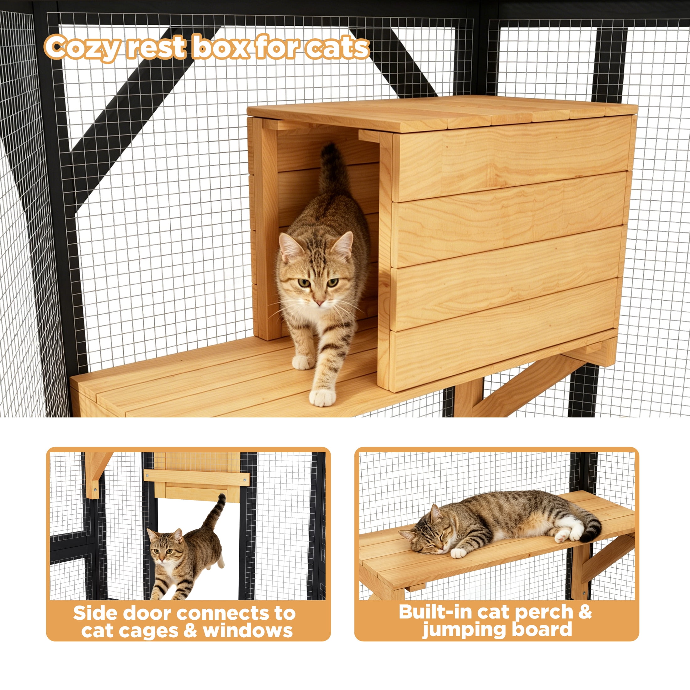 70" Catio Outdoor Cat Enclosure,Large Cat House Walk-in Cat Cage with Waterproof Cover for Multi Cats, Black with Yellow