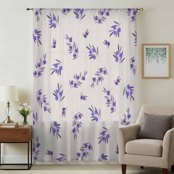 Purple Olive Leaves Sheer Curtains 96 Inches Long, Spring Pastoral Branches Plants Beige Light Filering Curtains, Privacy Drapes Simi Floor to Veiling Curtain for Living Room Bedroom Window Treatment