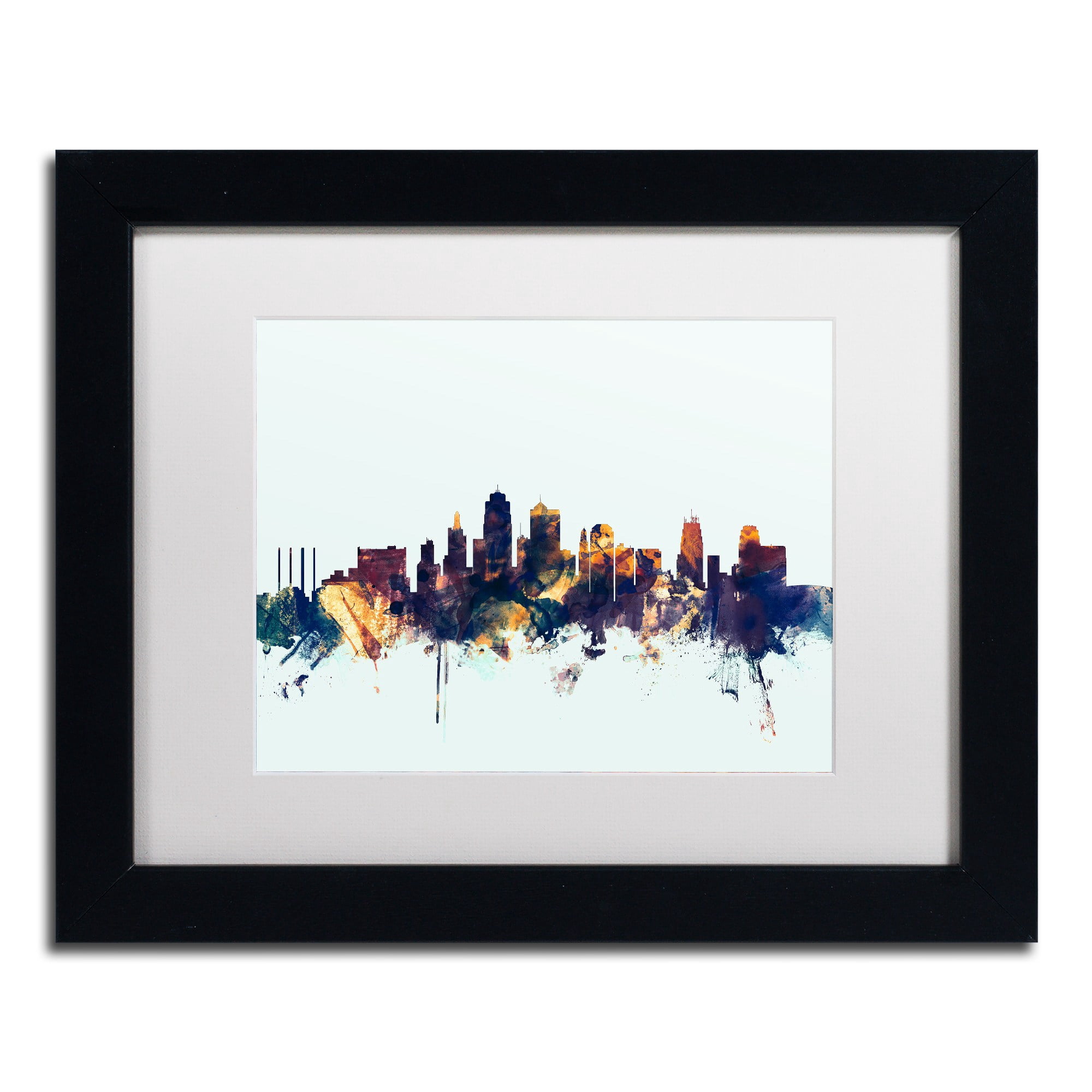 Trademark Fine Art "Kansas City Skyline Blue" Canvas Art by Michael Tompsett, White Matte, Black Frame