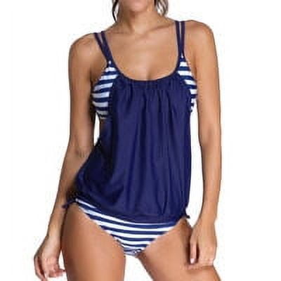 ziyahi Maillot de Bain Ajustable à Bretelles, Maillot Superposé à Rayures pour Femme, Tenue de Plage, Bleu Foncé, 3TG