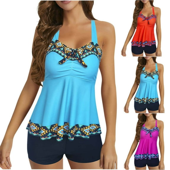 Akafmk Tankini Swimsuits for Women Loose Fitting Floral Printed Swim Tops with High Waisted Boyshorts Two Piece Bathing Suits Comfortable Athletic Swimwear, Sizes S-5XL