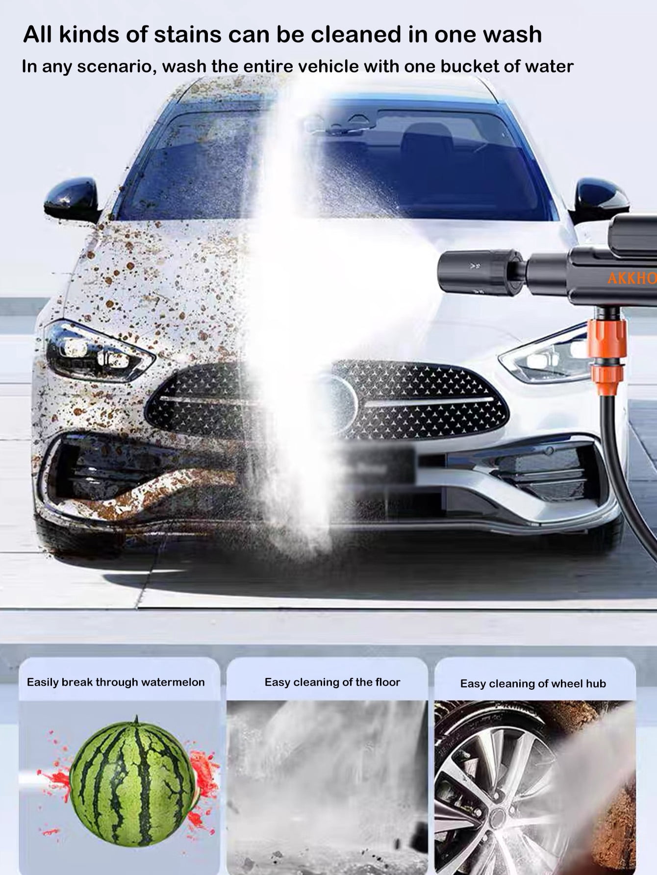 AKKHOO Cordless Pressure Washer 860PSI 1GPM, 3-Cell Battery Included, 5-in-1 Nozzle & 16.4ft Hose, Portable Power Cleaner for Car, Patio, Driveway
