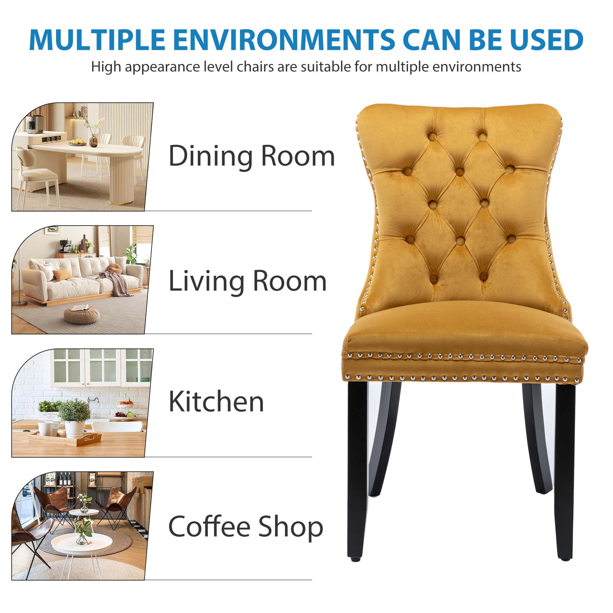 Aukfa High-End Upholstered Dining Chairs Set of 2, Modern Tufted Solid Wood Side Chair with Nailhead Trim - Gold