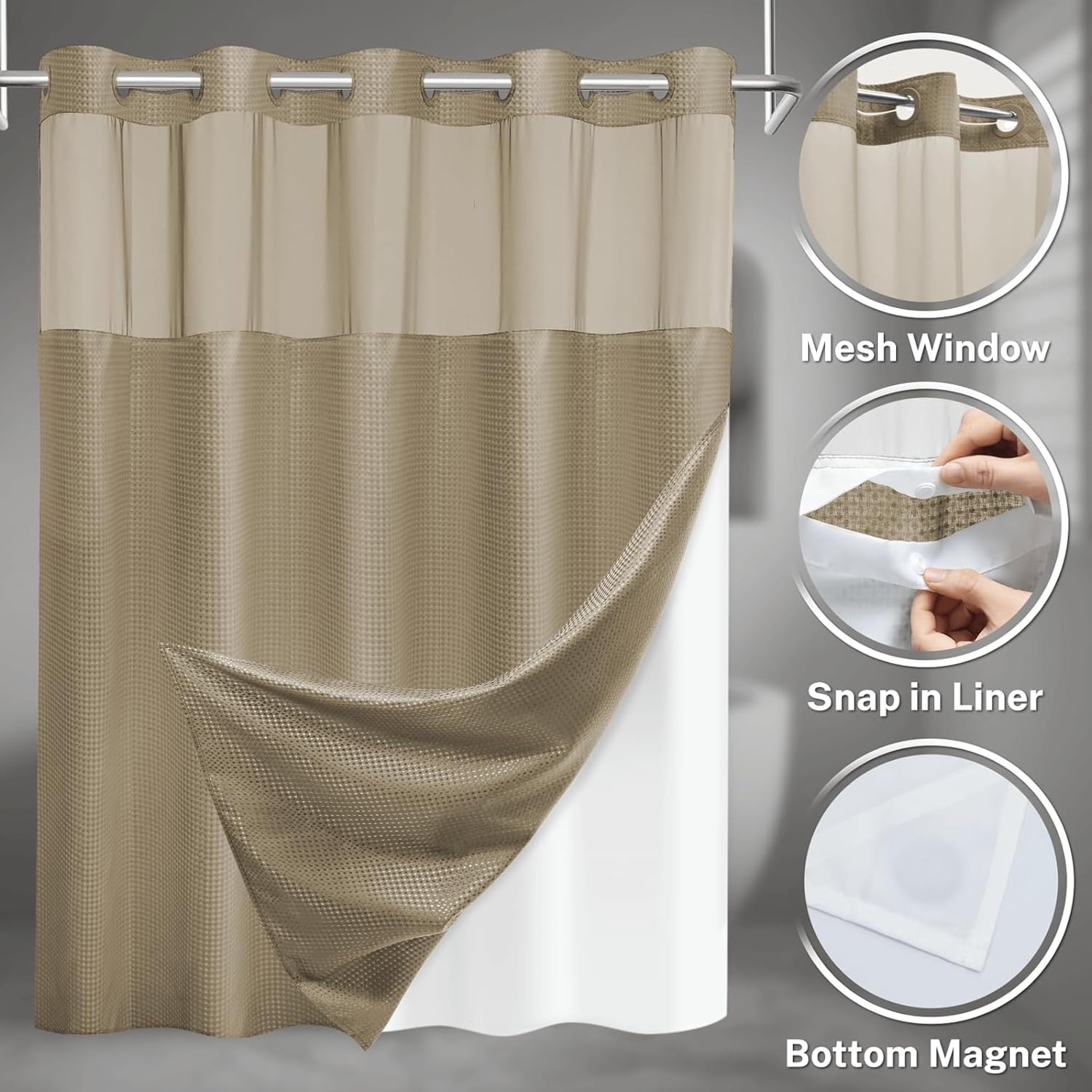 Waffle Weave Hookless Shower Curtain with Snap in Liner, DawnJoanHD Beige Polyester Fabric Shower Curtains with See Through Top Window, 71" x 74"