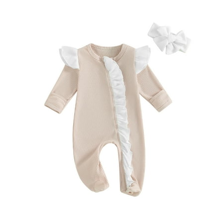 

Binwwede Baby Girls Long Sleeve Crew Neck Frills Zipped Contrast Color Footies Jumpsuit and Headband Fall Clothes