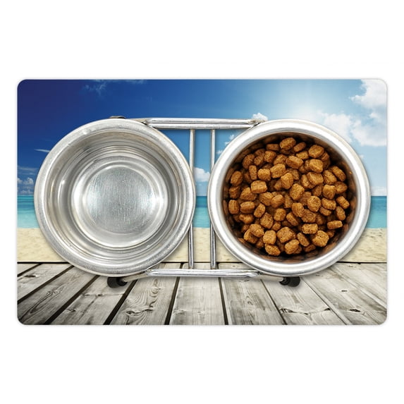 Landscape Pet Mat for Food and Water, Tropical Beach from Wooden Pier Sky Seascape Summer View Image, Non-Slip Rubber Mat for Dogs and Cats, 18" X 12", by Ambesonne