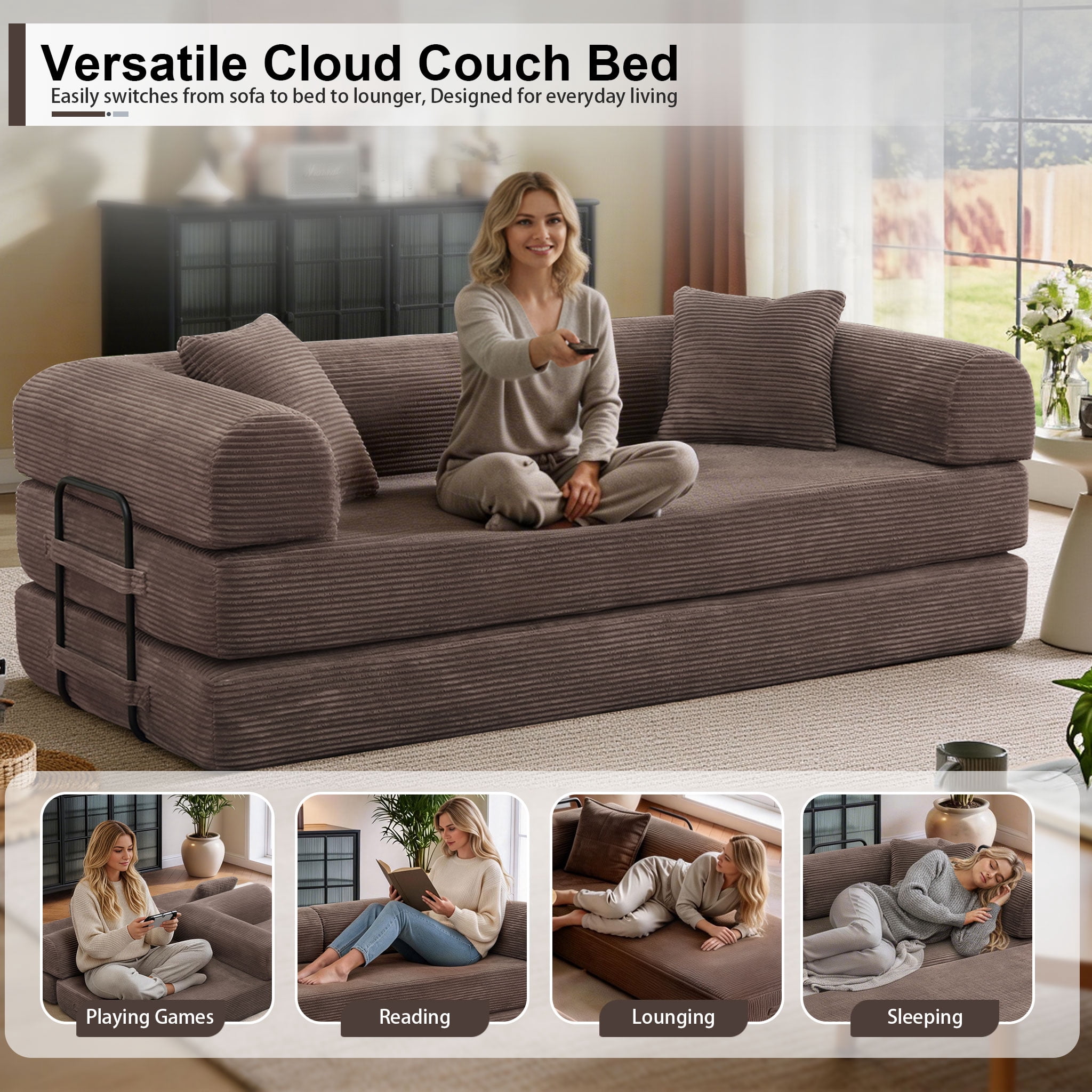 Convertible Floor Sofa Bed, Holaki 63" Foldable Compression Loveseat Lounge Sleeper Sofa with Pillow & Fixed-Shape Frame, Corduroy Folding Boneless Sofa Couch for Living Room, Small Space, Brown