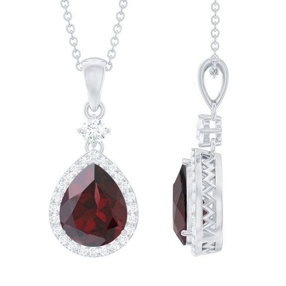 Rosec Jewels Natural Garnet Teardrop Pendant Necklace - 4 Carat - 12X8mm - Garnet Diamond Necklace - Ready to Gift for Women, 925 Sterling Silver