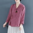 thumbnail image 5 of CaComMARK PI Clearance Women's Wrap V Neck Cotton Linen Blouse Vintage Chinese Frog Button Tunic Shirts Casual Loose Long Sleeve Top Purple 8(L), 5 of 5