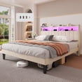 thumbnail image 3 of Queen Upholstered Platform Bed Frame with RGB LED Ambiance Light & USB Charging Port, Storage Headboard Reinforced Support Design, Beige, 3 of 11