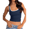 thumbnail image 2 of Womens Summer Square Neck Ribbed Slim Fitted Spaghetti Strap Tank Tops Navy Blue M, 2 of 7