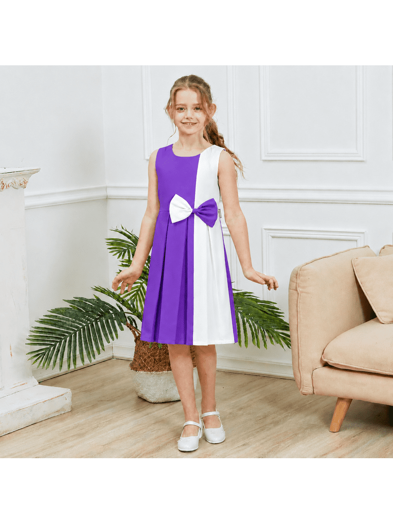 Sunny Fashion Girls Dress Color Block Contrast Bow Tie Purple White Party 4, Girl's