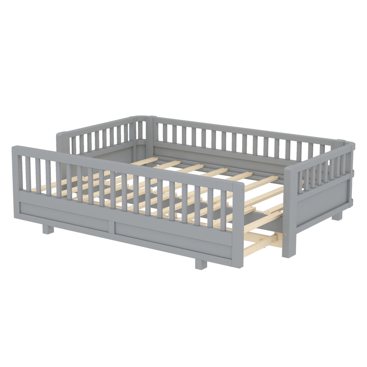 Twin XL Montessori Floor Bed or Queen Platform Bed for Kids, Solid Wood Twin XL Bed Frame with Guardrails, 2-in-1 Convertible Toddler Bed Frame, Grey