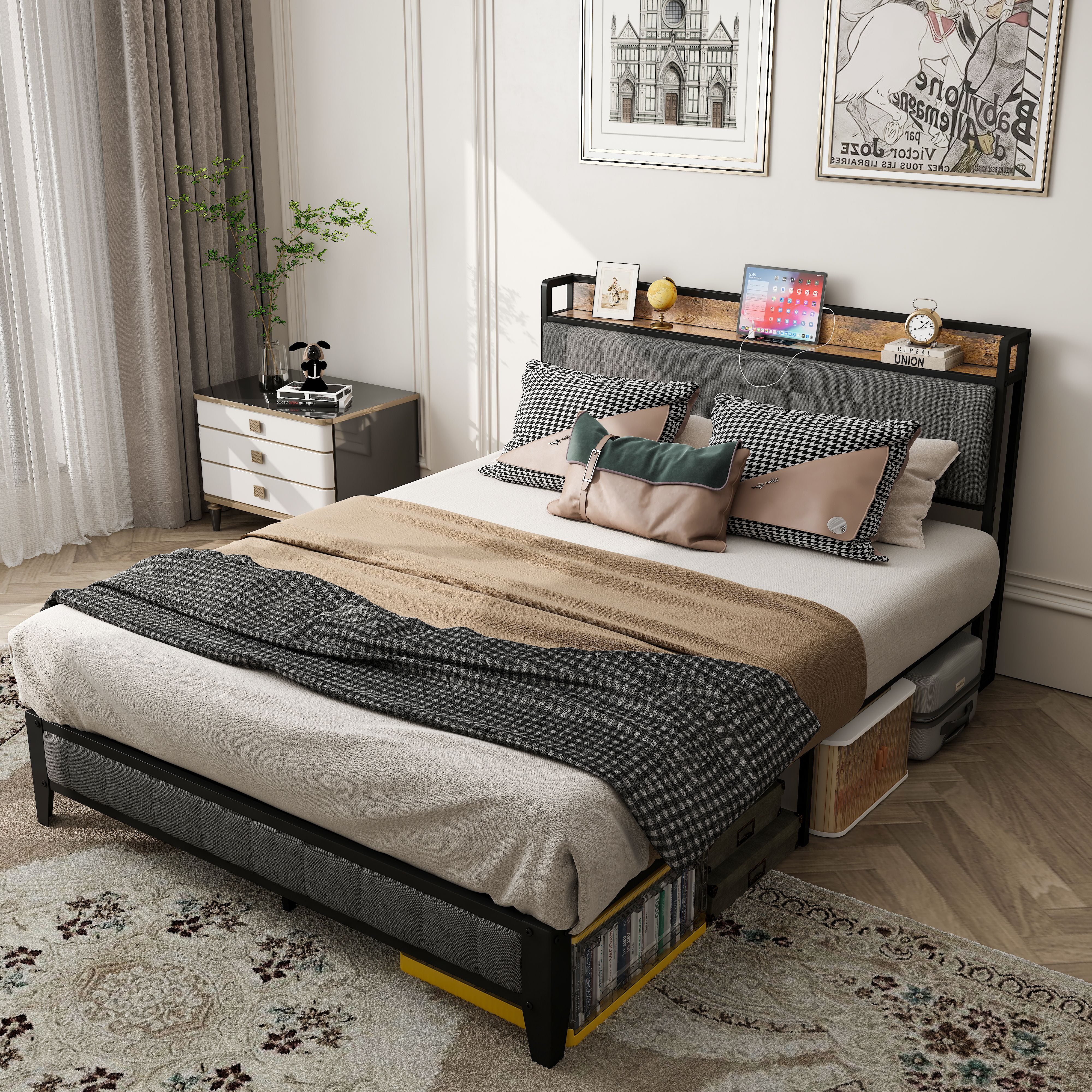 US Queen Size Bed Frame Charging Station Upholstered Headboard Metal Platform