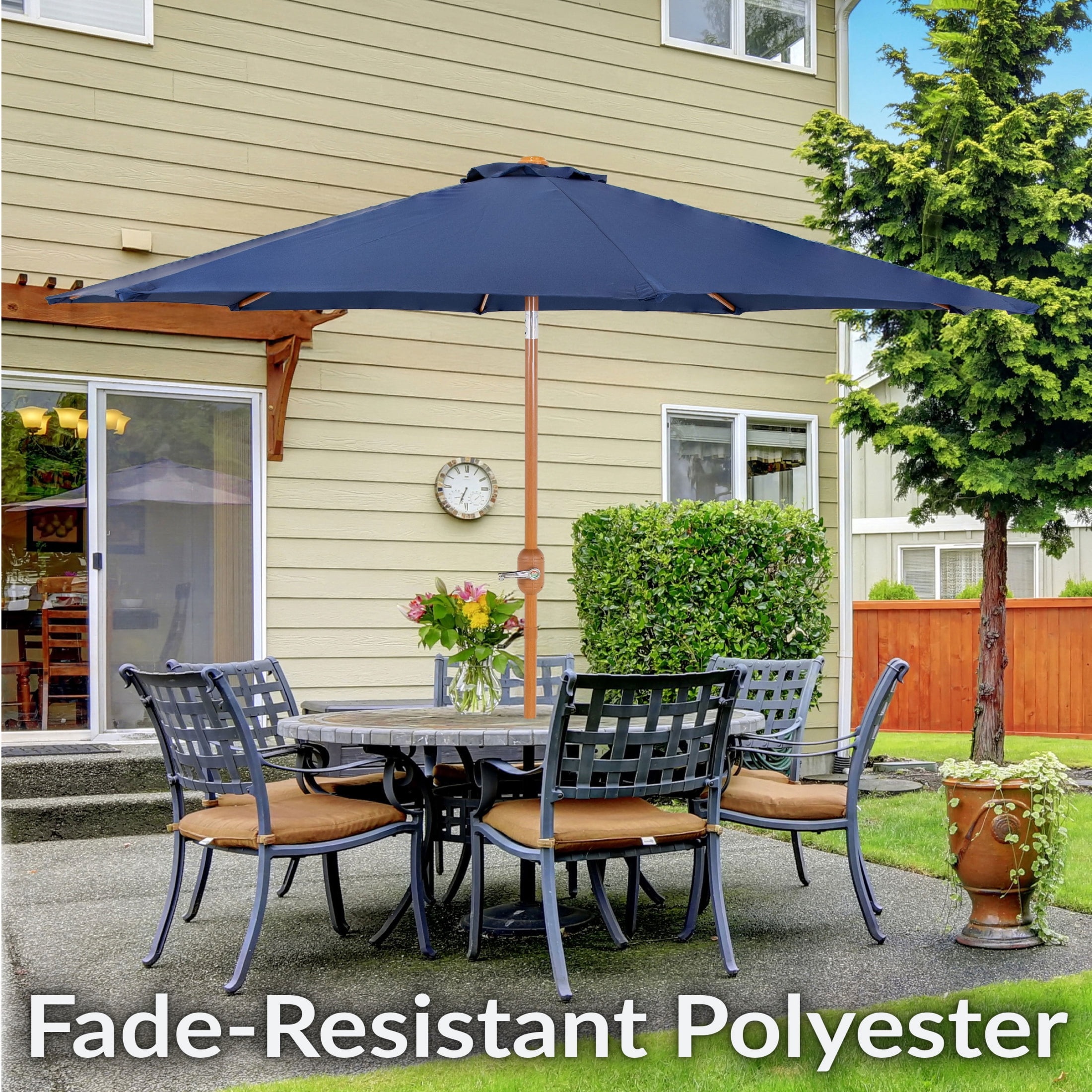Sunnydaze 8.5 ft Outdoor Patio Umbrella with Push Button Tilt and Crank - Faux Woodgrain Finish - Large Vented Market Umbrella - Navy Blue