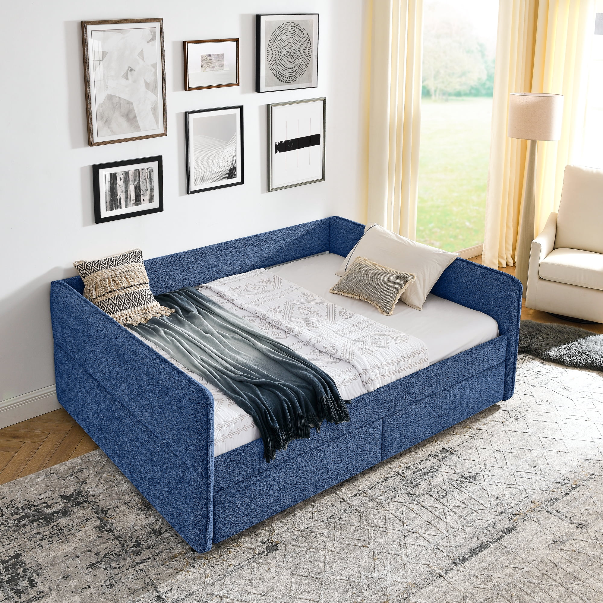 Mintazer Queen Upholstered Daybed with 2 Storage Drawers, Modern Sofa Bed for Living Room & Bedroom, Blue