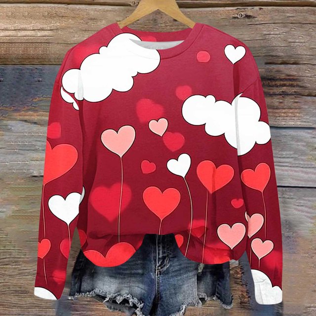 Jsaierl Chandails en Molleton pour Femmes Saint-Valentin Mignons Imprimé Cœur Chandails en Molleton Tendance Chandail Col Rond Décontracté Manches Longues pour Femmes