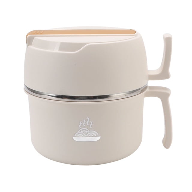 Cuenco de acero inoxidable para ramen con asa, tapa, tenedor y cuchara para la oficina y la escuela, lonchera de fideos de doble capa en color beige