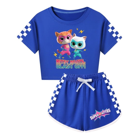 SuperKitties Cartoon Cat Apparel – Girls Summer 2-Piece Clothing Set with Tee and Shorts