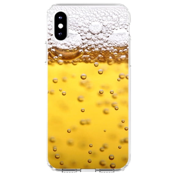 DistinctInk Clear Shockproof Hybrid Case for iPhone XR (6.1" Screen) - TPU Bumper, Acrylic Back, Tempered Glass Screen Protector - Beer Glass Foam Bubbles