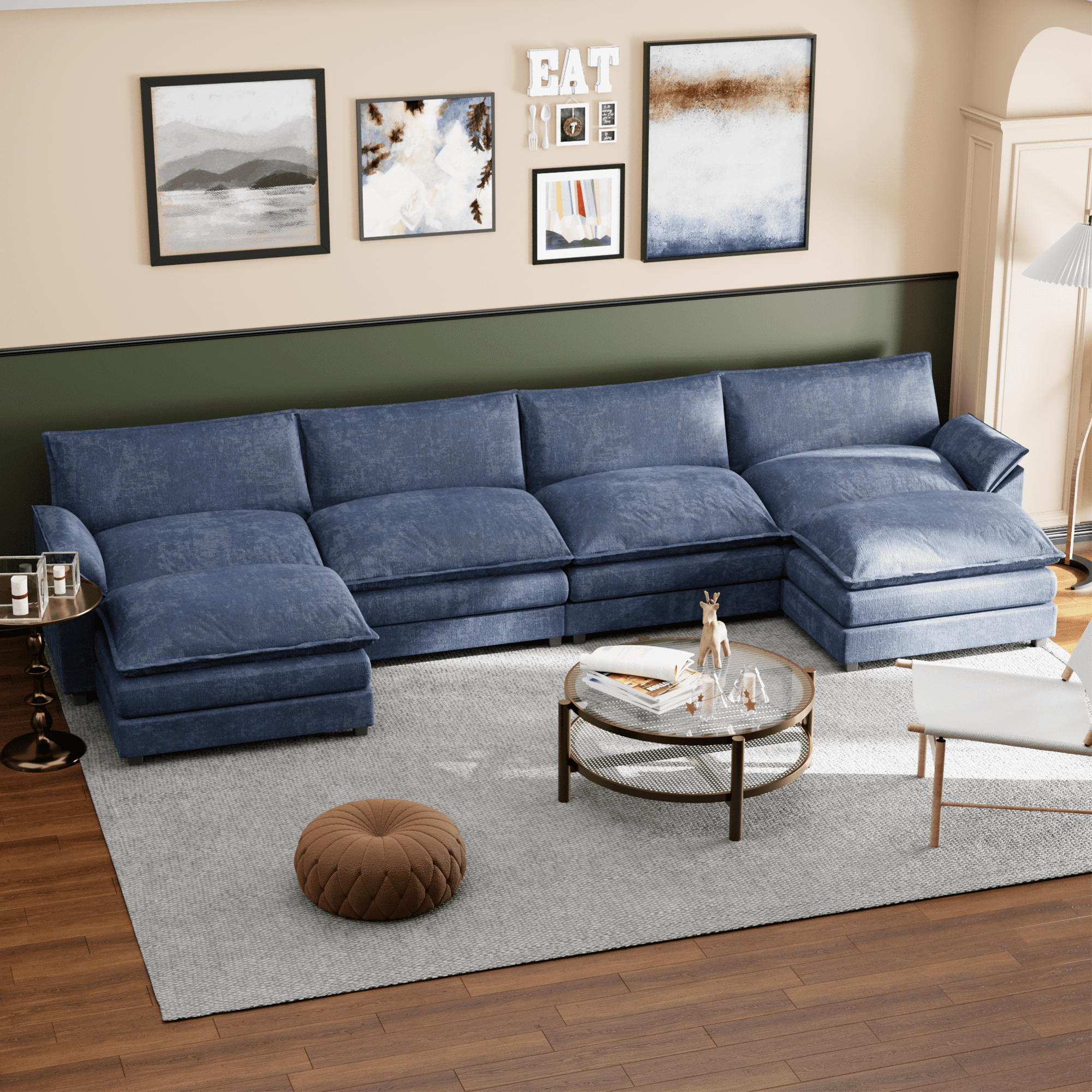 Homall U-Shape 4 Seat Cloud Couch Sectional Sofa with chaise lounge Convertible Sofa Set for Living Room, Blue