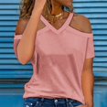 thumbnail image 2 of Lovskoo Womens Summer Tops Trendy Solid Color V-Neck Off Shoulder Casual Short Sleeved Top Shirt Pink, 2 of 6