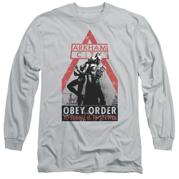 Batman Arkham City Obey Order Long Sleeve Adult 18/1 T-Shirt Silver