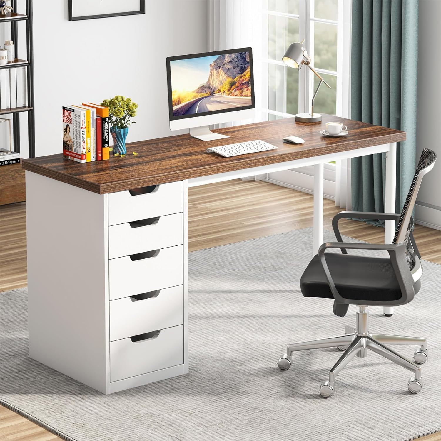 Finmind Computer Desk with 5 Drawers, 47 inches Rustic Brown Home Office Desk with Storage, Modern Study Writing Table Workstation for Small Spaces, Brown & White