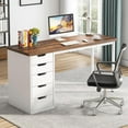 thumbnail image 3 of Finmind Computer Desk with 5 Drawers, 47 inches Rustic Brown Home Office Desk with Storage, Modern Study Writing Table Workstation for Small Spaces, Brown & White, 3 of 5