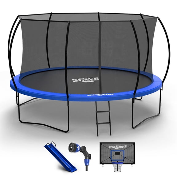 SpaceJump Nova 14 Ft Outdoor Trampoline with Safety Net, Hoop, Slide, and Water Sprayer