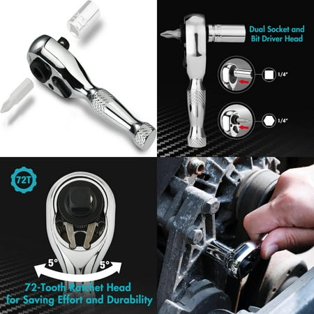 

DURATECH 1/4-Inch Stubby Ratchet Wrench Socket & Bit Driver 72-Tooth Chrome Alloy Made Chrome Plated Finish