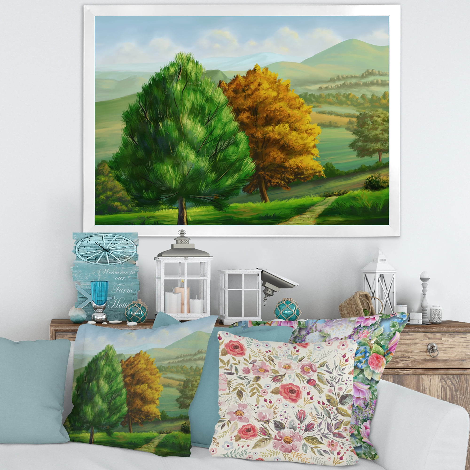 Designart 'VIbrant Trees With Country Scenery' Traditional Framed Art Print