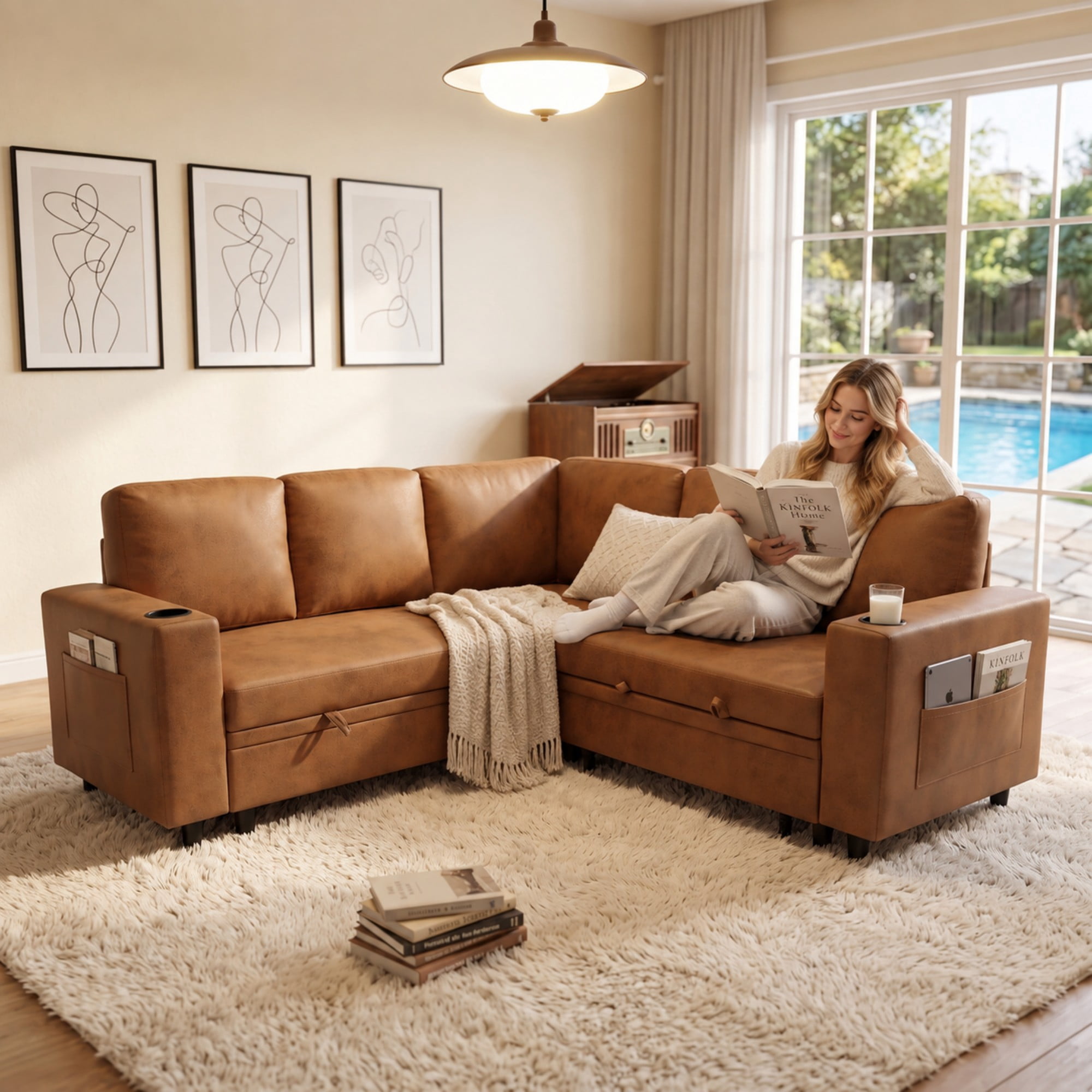 BSHTI 76.5" Polyester L-Shaped Sectional Sofa Bed with Hidden Storage, Cup Holders, Side Pockets, Pull-Out Design for Living Room (Light Brown)