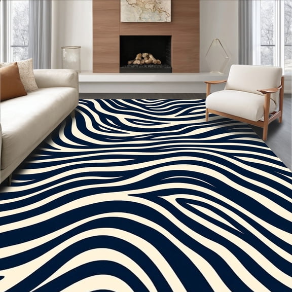 ODIKA 4'x6' Machine Washable Non-Slip Area Rug, Elegant Zebra Stripe with Fluid Curves and Abstract Waves High Traffic Rug, Blue, 296549
