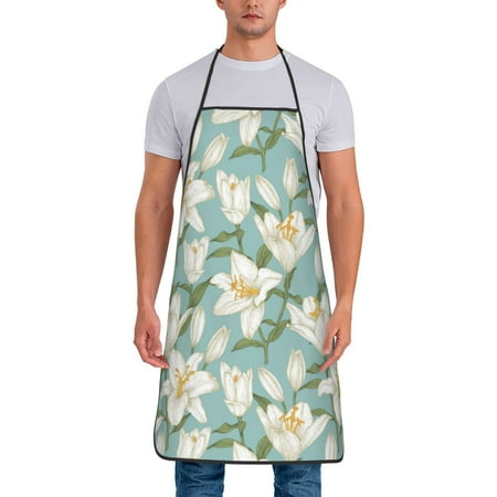 

Apron for Men Women Lilies Flowers Cyan Waterproof Chef Kitchen Baking Apron with Long Ties Aprons for Cooking Baking and Gardening Kitchen Collection