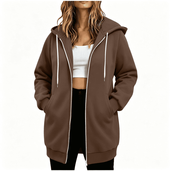 Womens Plus Size Hoodie Long Jackets Lightweight Loose Fit Full Zip Casual Fall Hooded Jacket Brown L-4XL