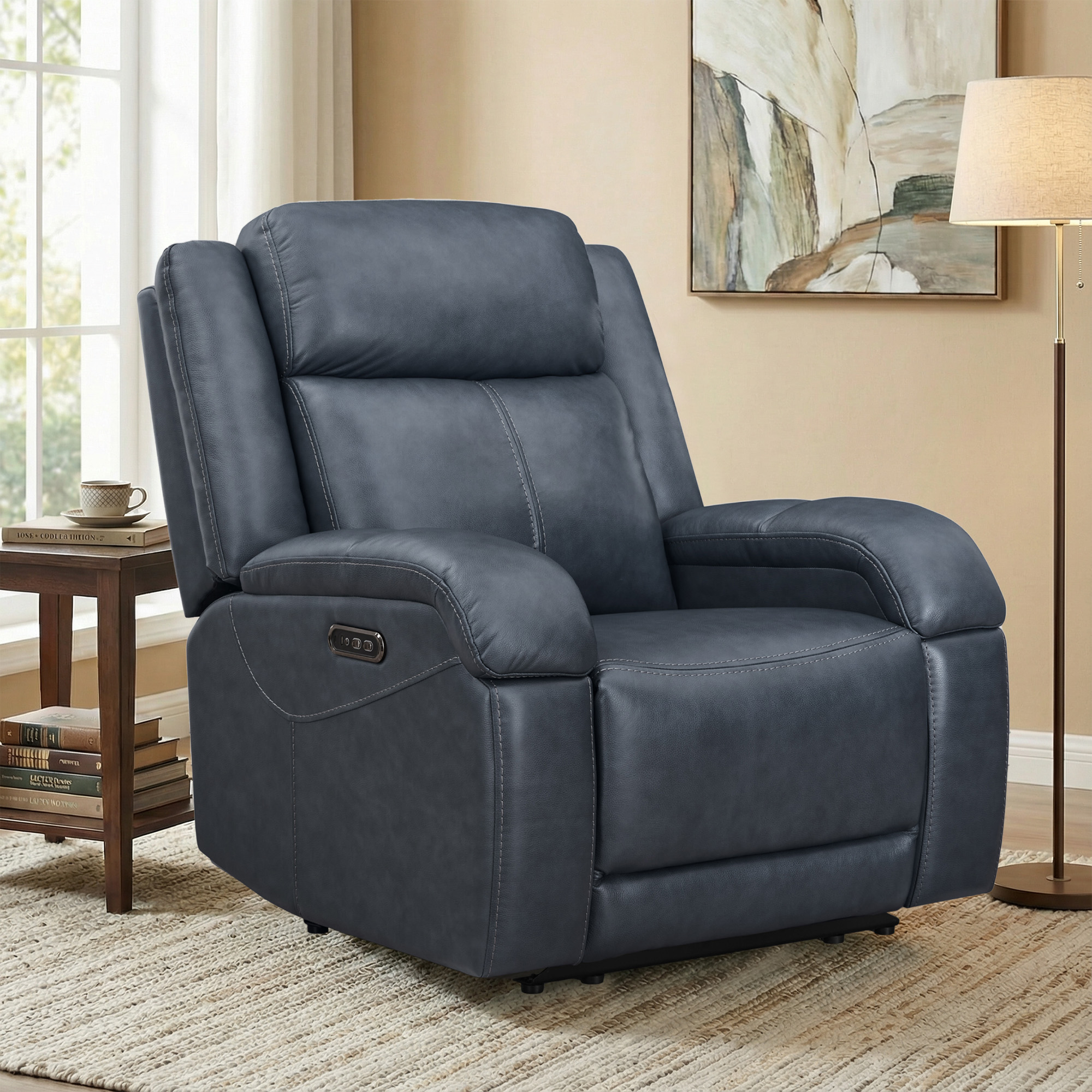 Spruce & Spring Genuine Leather Wall Hugger Power Recliner with Dual Motors, Navy-Medium