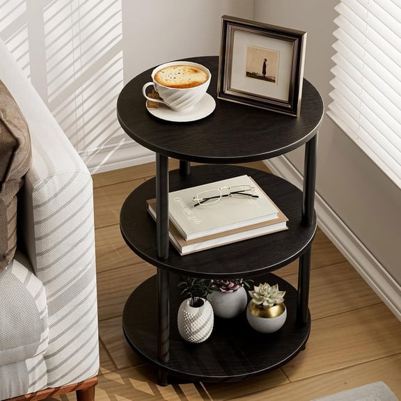 Small Round End Table - 3 Tier Design Accent Table, Narrow Side or Bedside Stand, Industrial Vintage Nightstand for Bedroom, Living Room, or Small Spaces