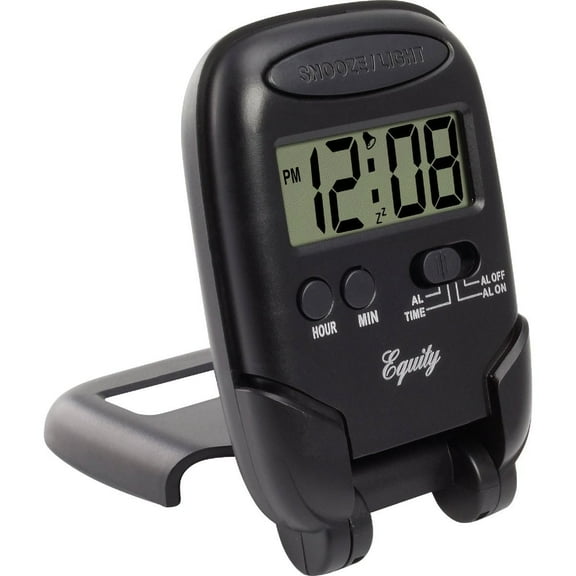 Equity LCD Fold-Up Travel Alarm Clock with Blue Backlight, 3.85"L x 2.50"W x 4.00"H, Black