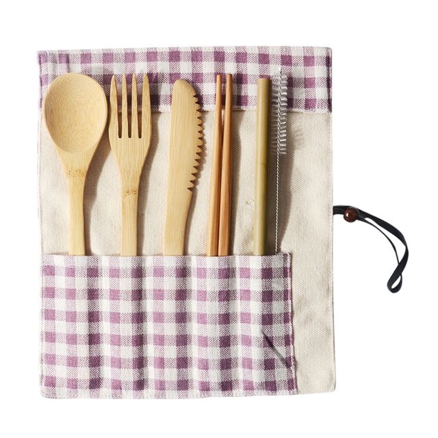 Juego de utensilios de cocina Dainzusyful, cubiertos portátiles de bambú, juego de tenedor y cuchara ecológicos para viajes, incluye herramientas de bambú reutilizables.